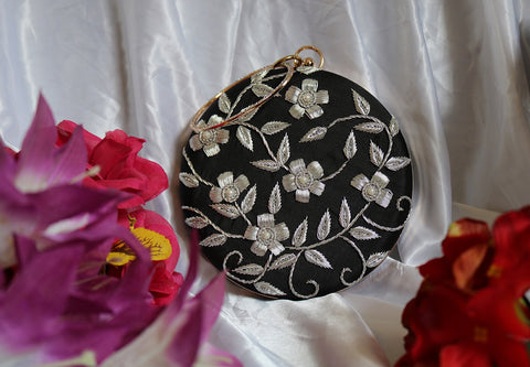 Shramya Hand Embroidery Silver Work Round Clutch Purses