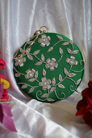 Shramya Hand Embroidery Silver Work Round Clutch Purses