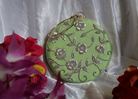 Shramya Hand Embroidery Silver Work Round Clutch Purses