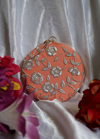 Shramya Hand Embroidery Silver Work Round Clutch Purses