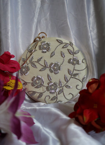 Shramya Hand Embroidery Silver Work Round Clutch Purses