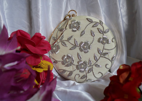 Shramya Hand Embroidery Silver Work Round Clutch Purses