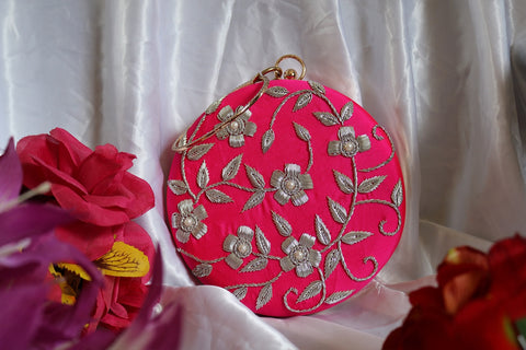 Shramya Hand Embroidery Silver Work Round Clutch Purses