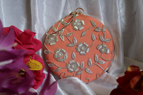 Shramya Hand Embroidery Silver Work Round Clutch Purses