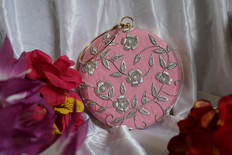 Shramya Hand Embroidery Silver Work Round Clutch Purses