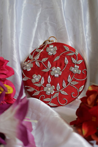 Shramya Hand Embroidery Silver Work Round Clutch Purses