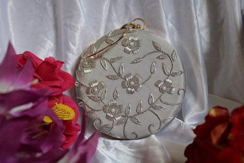 Shramya Hand Embroidery Silver Work Round Clutch Purses