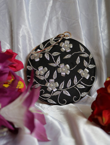 Shramya Hand Embroidery Silver Work Round Clutch Purses