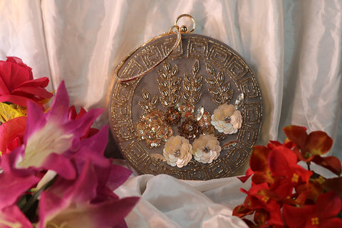 Hand Embroidery Floral Round Clutch Purses 