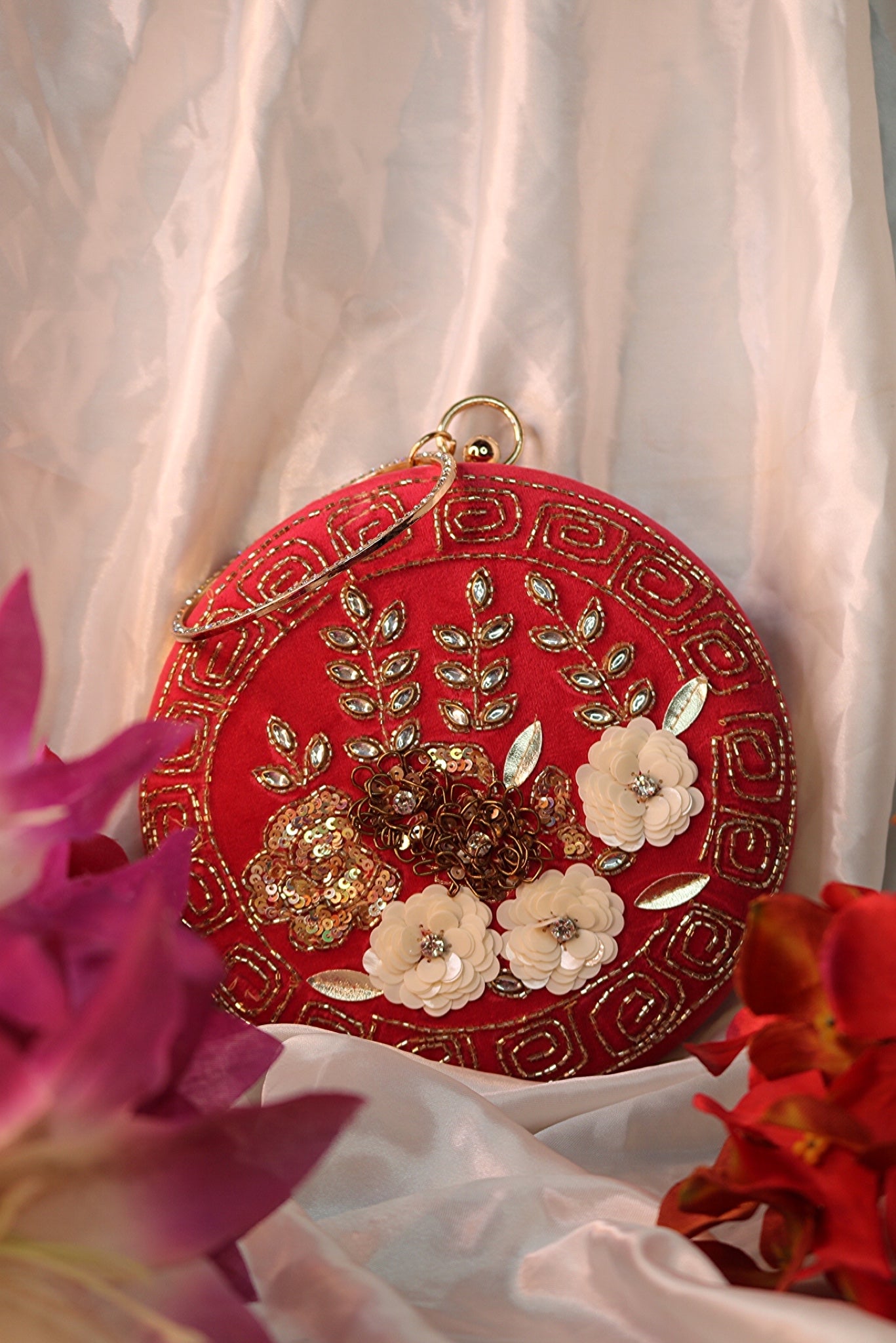 Hand Embroidery Floral Round Clutch Purses 