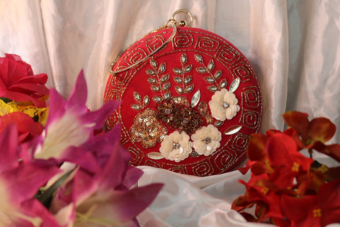 Hand Embroidery Floral Round Clutch Purses 