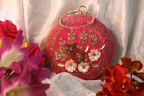 Hand Embroidery Floral Round Clutch Purses 