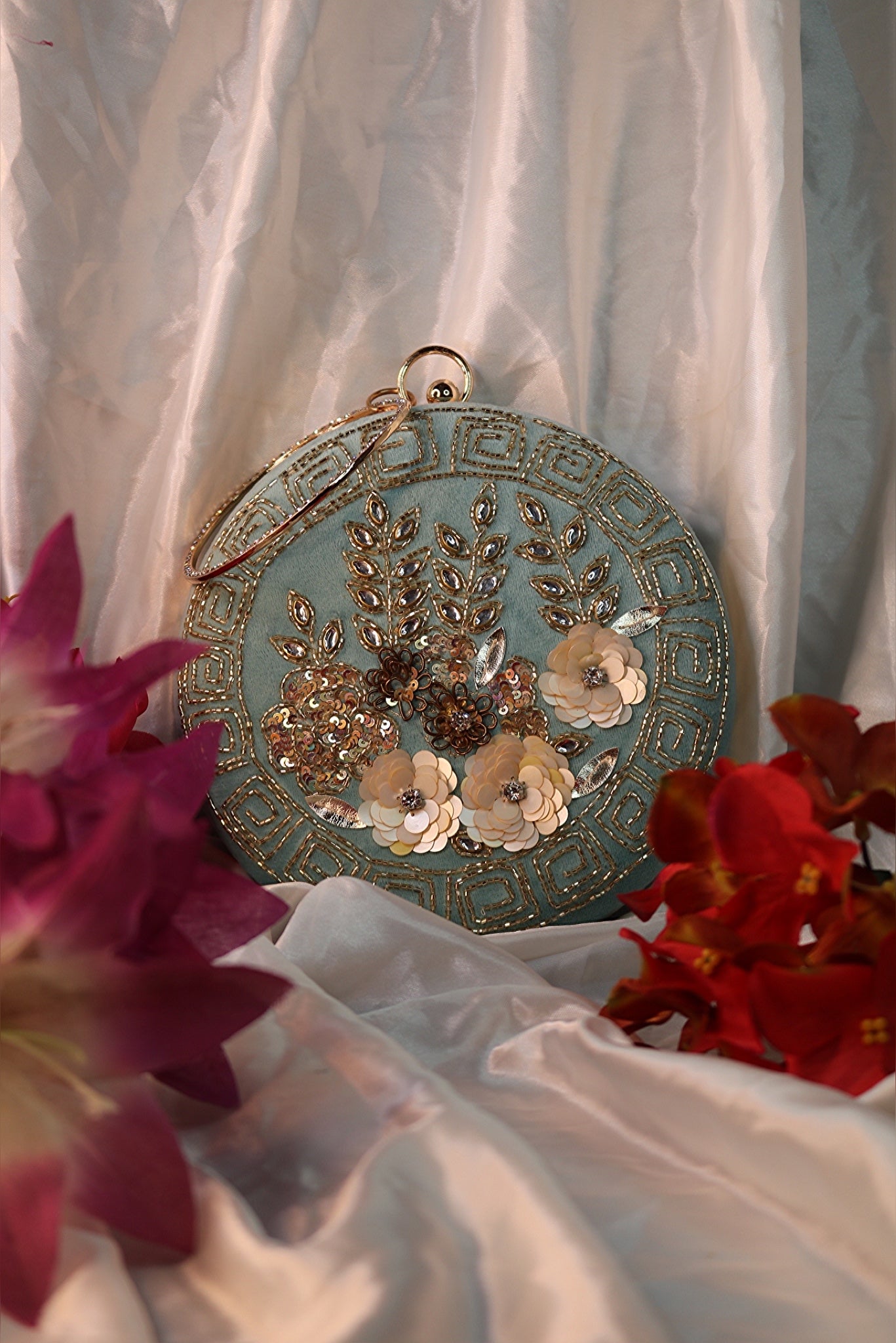 Hand Embroidery Floral Round Clutch Purses 