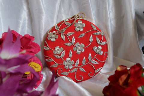 Shramya Hand Embroidery Silver Work Round Clutch Purses