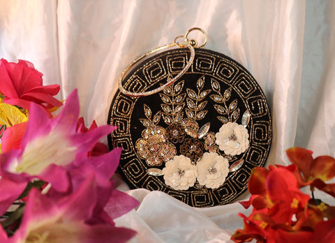 Hand Embroidery Floral Round Clutch Purses 