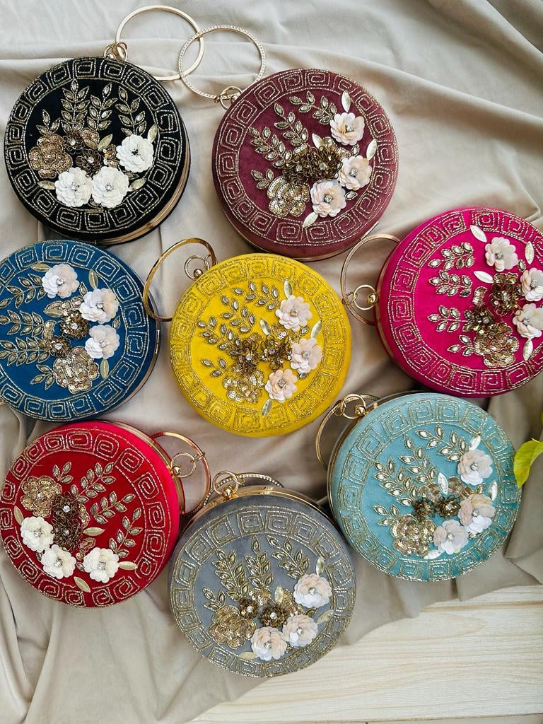 Hand Embroidery Floral Round Clutch Purses 