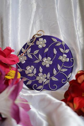 Shramya Hand Embroidery Silver Work Round Clutch Purses