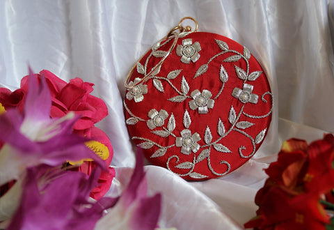 Shramya Hand Embroidery Silver Work Round Clutch Purses