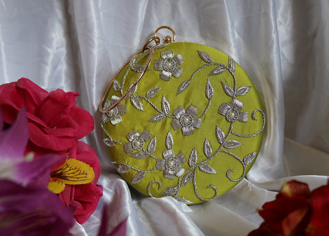 Shramya Hand Embroidery Silver Work Round Clutch Purses