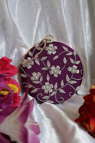 Shramya Hand Embroidery Silver Work Round Clutch Purses