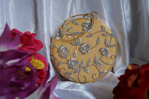 Shramya Hand Embroidery Silver Work Round Clutch Purses