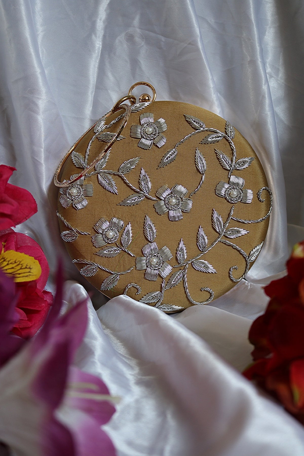 Shramya Hand Embroidery Silver Work Round Clutch Purses