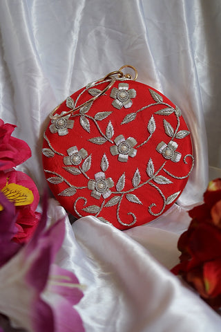 Shramya Hand Embroidery Silver Work Round Clutch Purses