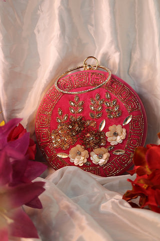 Hand Embroidery Floral Round Clutch Purses 