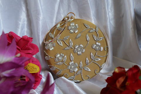 Shramya Hand Embroidery Silver Work Round Clutch Purses