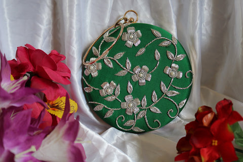 Shramya Hand Embroidery Silver Work Round Clutch Purses