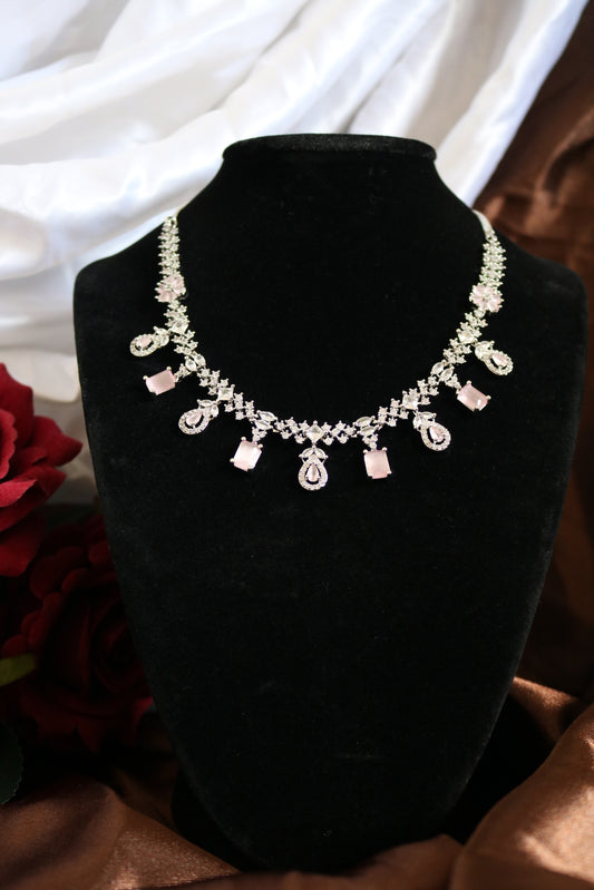 Pink Stone Statement Necklace | Silver Plated AD Necklace Set | CZ Jewelry Set