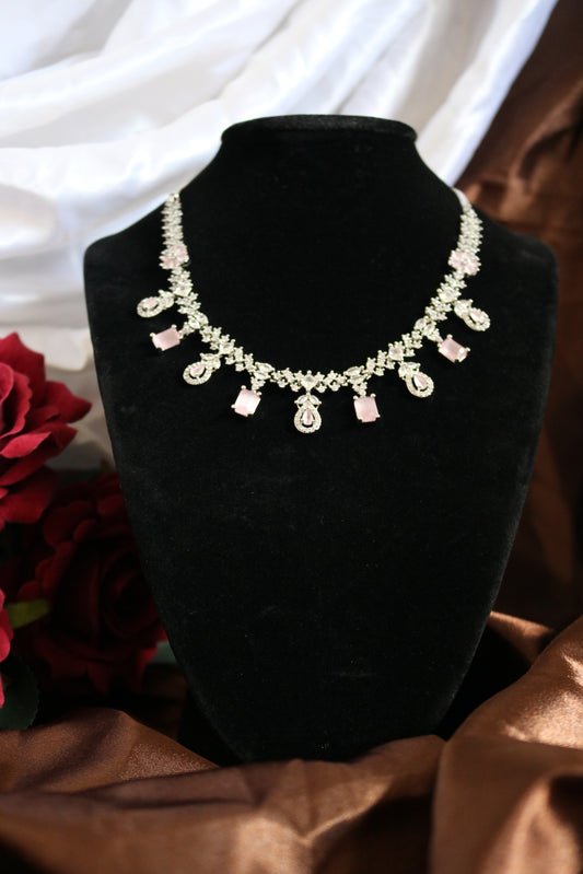 Shramya Pink Stone Statement Necklace | Silver Plated AD Necklace Set | CZ Jewelry Set