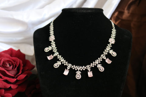 Shramya Pink Stone Statement Necklace | Silver Plated AD Necklace Set | CZ Jewelry Set