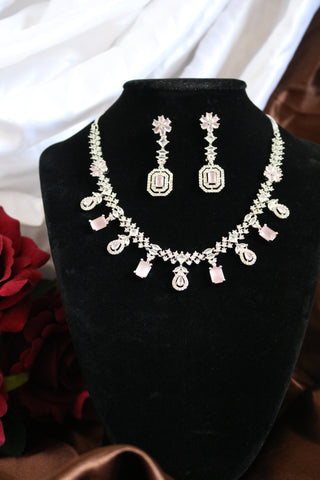 Shramya Pink Stone Statement Necklace | Silver Plated AD Necklace Set | CZ Jewelry Set