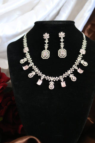 Shramya Pink Stone Statement Necklace | Silver Plated AD Necklace Set | CZ Jewelry Set