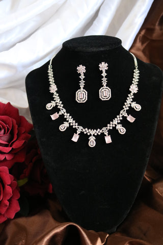 Shramya Pink Stone Statement Necklace | Silver Plated AD Necklace Set | CZ Jewelry Set