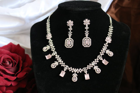 Shramya Pink Stone Statement Necklace | Silver Plated AD Necklace Set | CZ Jewelry Set