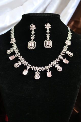 Shramya Pink Stone Statement Necklace | Silver Plated AD Necklace Set | CZ Jewelry Set