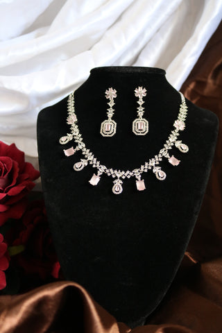 Shramya Pink Stone Statement Necklace | Silver Plated AD Necklace Set | CZ Jewelry Set