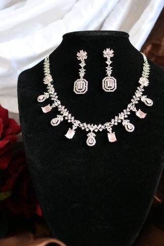 Shramya Pink Stone Statement Necklace | Silver Plated AD Necklace Set | CZ Jewelry Set