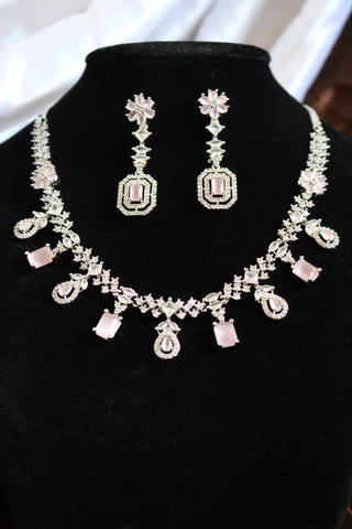 Shramya Pink Stone Statement Necklace | Silver Plated AD Necklace Set | CZ Jewelry Set