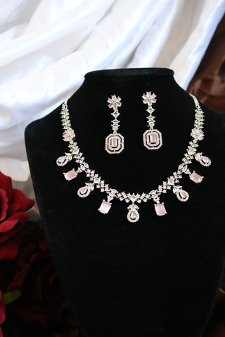 Shramya Pink Stone Statement Necklace | Silver Plated AD Necklace Set | CZ Jewelry Set