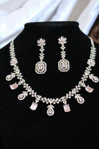 Shramya Pink Stone Statement Necklace | Silver Plated AD Necklace Set | CZ Jewelry Set