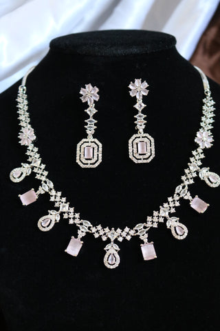 Shramya Pink Stone Statement Necklace | Silver Plated AD Necklace Set | CZ Jewelry Set