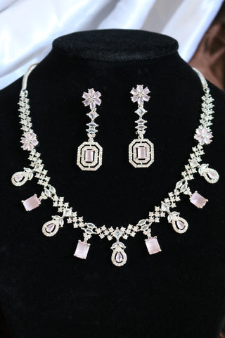 Shramya Pink Stone Statement Necklace | Silver Plated AD Necklace Set | CZ Jewelry Set