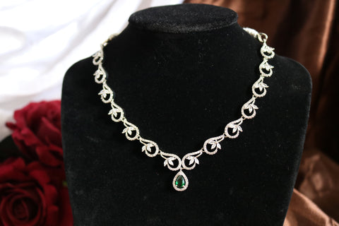 Shramya Green Silver CZ Necklace | American Diamond Necklace Set