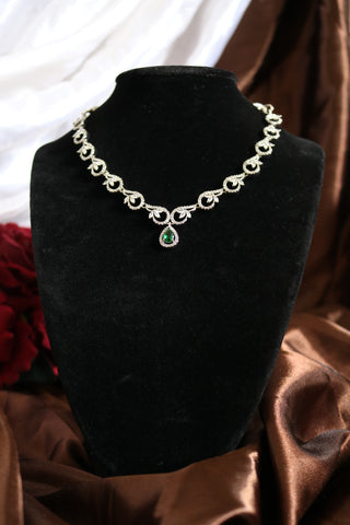 Shramya Green Silver CZ Necklace | American Diamond Necklace Set