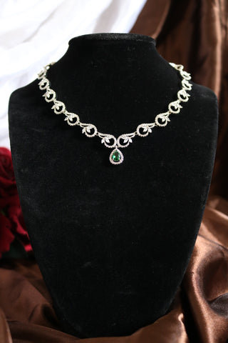 Shramya Green Silver CZ Necklace | American Diamond Necklace Set