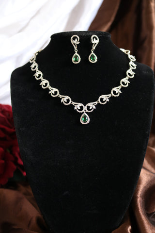 Shramya Green Silver CZ Necklace | American Diamond Necklace Set