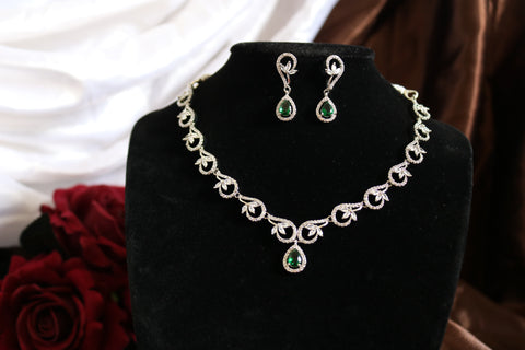 Shramya Green Silver CZ Necklace | American Diamond Necklace Set